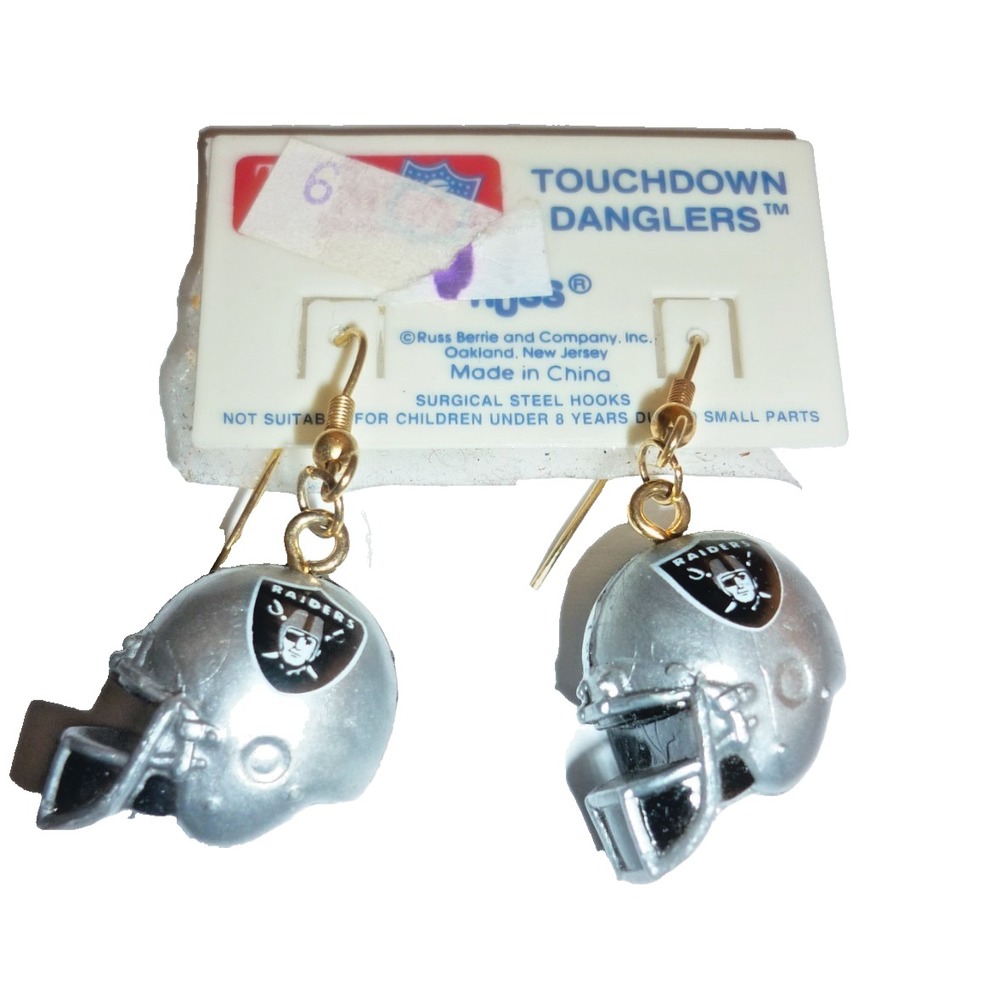 New RUSS Oakland Raiders Earrings NFL Football Helmet Vintage Touchdown Danglers